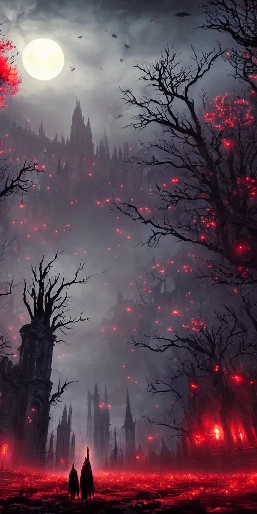 Image similar to abandoned bloodborne old valley with a person at the centre and a ruined gothic city at the end, trees and stars in the background, falling red petals, epic red - orange moonlight, perfect lightning, wallpaper illustration by niko delort and kentaro miura, 4 k, ultra realistic