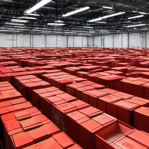 Image similar to a picture of a warehouse full of boxes with green patches over the top of each one and red patches over the sides of each one