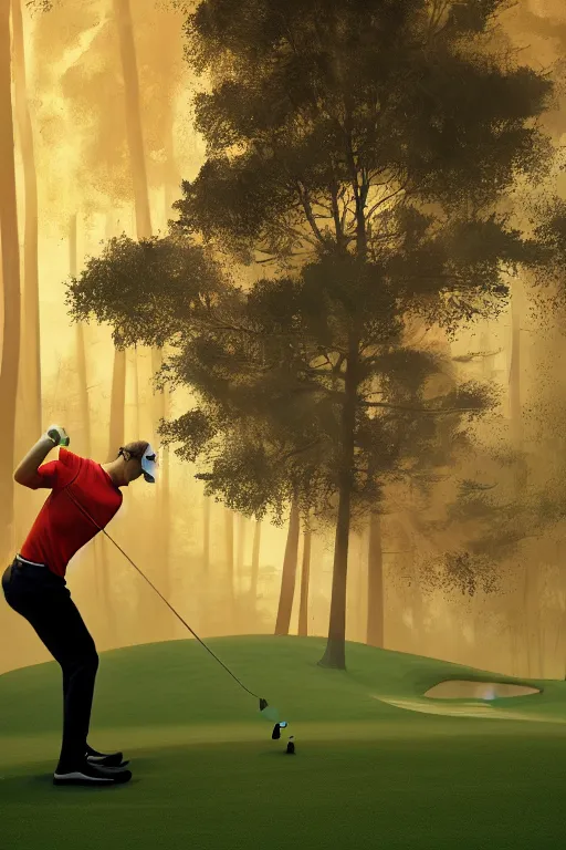 Prompt: close-up of an athletic golf player in a lush golf course with automatic watering, low angle, magical lights, golden hour, surrounded by burning forests, smoke from the fire, digital painting, cinematic, 4k, forest ray light, particles light, ilya kuvshinov, Greg Rutkowski, Beeple