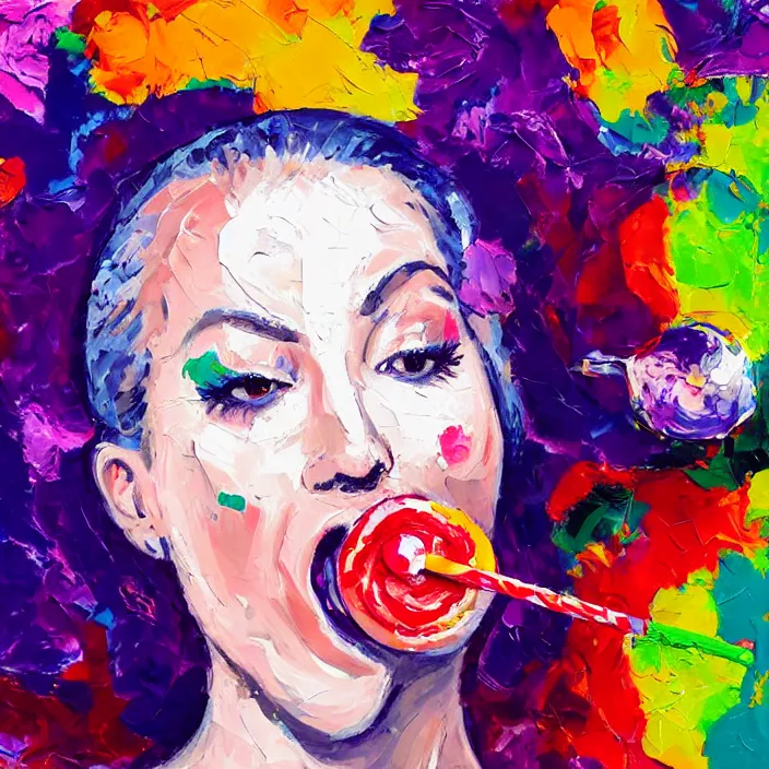 Image similar to portrait of beautiful woman licking a lollipop painted with colorful gouache impasto