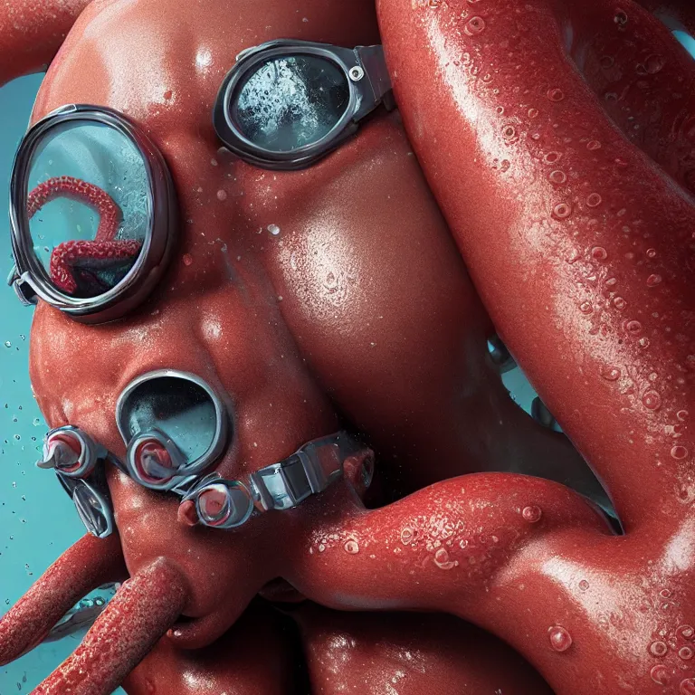 Prompt: octane render portrait by wayne barlow and carlo crivelli and glenn fabry, subject is a man in a wet suit with goggles on with giant long red detailed octopus tentacles coming out of his mouth, cinema 4 d, ray traced lighting, very short depth of field, bokeh