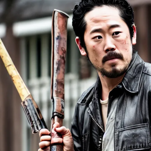 Image similar to Steven Yeun playing Negan Smith from the walking dead (Season 7 episode 1) ,8k,