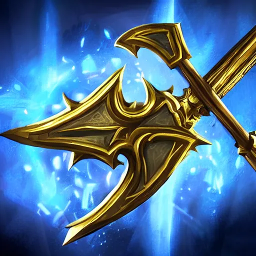 Prompt: a magical golden weapon, d & d, league of legends, concept art, blue background, dramatic lighting. realistic - h 7 6 8