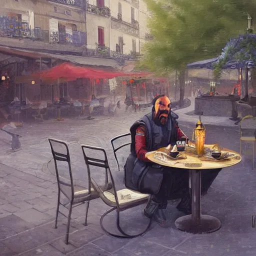 Prompt: klingon sitting at outdoor table at vintage paris cafe, digital painting, greg rutkowski, john howe.