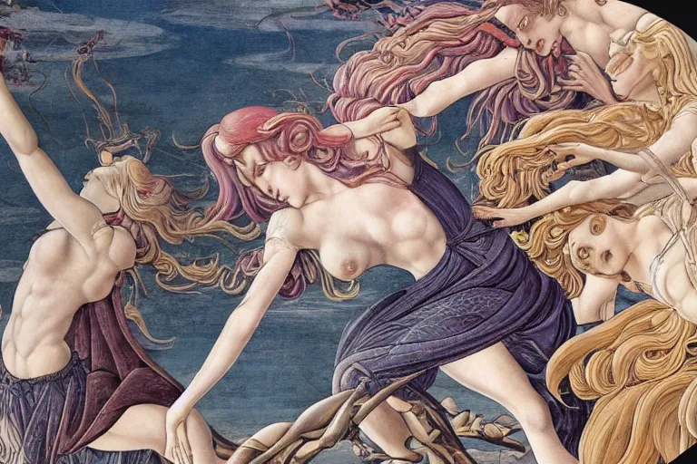 Prompt: flight of the valkyries, in a mixed style of Botticelli and Æon Flux, inspired by pre-raphaelite paintings and shoujo manga, moonlight, hyper detailed, stunning inking lines, stunning gradient colors, 4K photorealistic