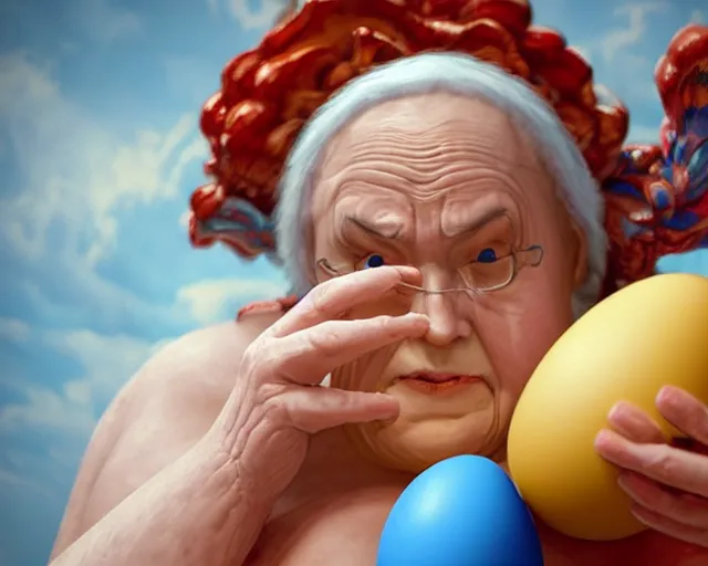 Image similar to of a very beautiful scene. ambient occlusion render. a sweet fat old woman is nursing a beautiful colorful huge egg. hyper realistic. 4 k. wide angle. baroque style. wild. symmetrical face, red mouth, blue eyes. deep focus, lovely scene. ambient occlusion render. concept art. unreal engine.