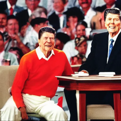 Image similar to [ ronald reagan sitting in chair next to tiger ]