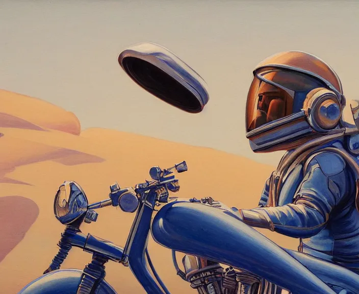 Image similar to a very detailed painting of a astronaut wearing a suit, riding a motorbike down a street, harley davidson motorbike, worm's - eye view, very fine brush strokes, very aesthetic, very futuristic, in the style of edward hopper and grant wood and syd mead, 4 k,