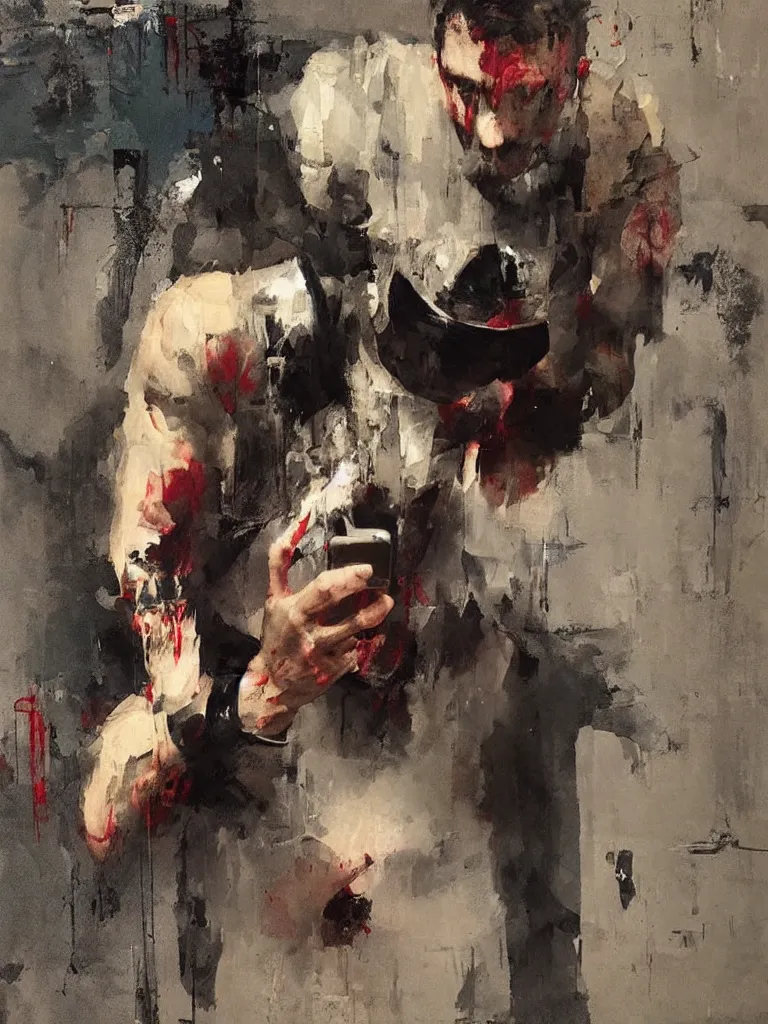 Image similar to a beautiful picture by joram roukes of a man looking at his phone in a bathroom, color bleeding, brushstrokes by jeremy mann, head skull