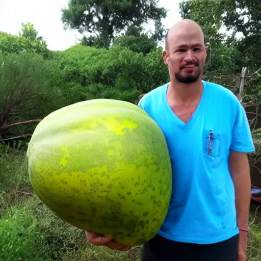 Prompt: ugliest man in the world holding the largest papaya in the world