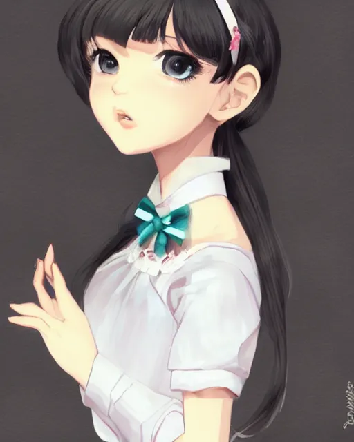 Prompt: a beautiful digital illustration sketch portrait of a pretty girl, closed eyes, with bangs and twintails, dark hair with bow ties, wearing a white lace dress. ilya kuvshinov