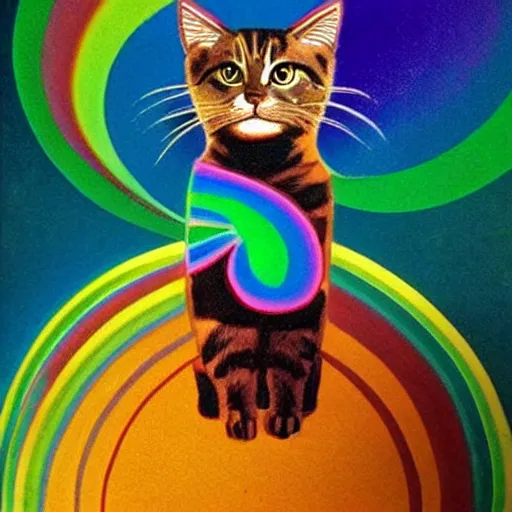 Prompt: 6 0 s hippie poster illustration of a cat made of flowing rainbows by pascal blanche and bonnie mclean and wes wilson, 8 k, artstation