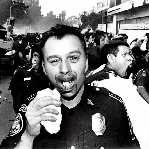 Image similar to selfie of a cop eating a donut with a riot taking place behind him, los angeles 1 9 9 2,