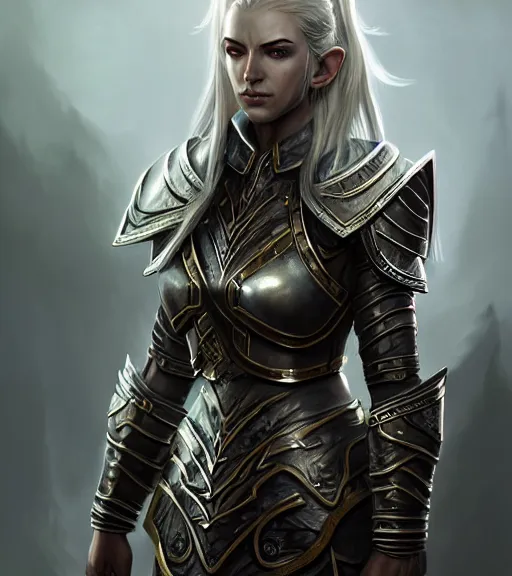 Prompt: unknown the elder scrolls vi charismatic rugged female high elf portrait clothed in metal - plated battle armour atmospheric lighting painted intricate volumetric lighting, beautiful, sharp focus, ultra detailed by leesha hannigan, ross tran, thierry doizon, kai carpenter, ignacio fernandez rios