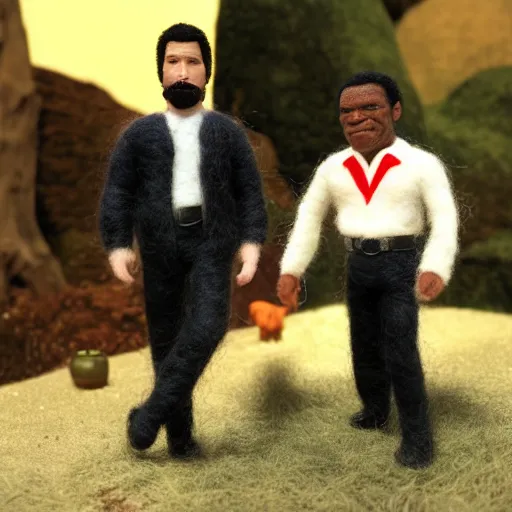 Image similar to needle felted scene featuring john travolta and samuel l jackson in pulp fiction, highly detailed, tilt shift, atmospheric, hyperrealism, highly textured, god rays, action