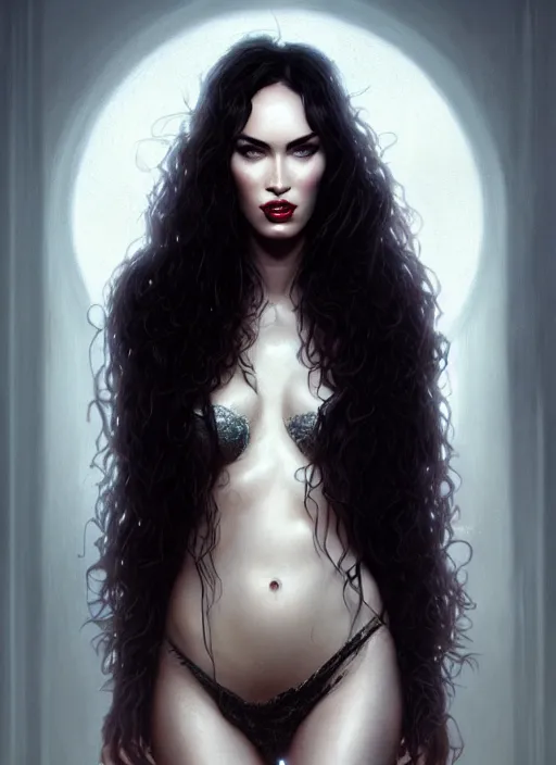 Image similar to portrait of megan fox as a vampire, curly hair, intricate, elegant, glowing lights, highly detailed, digital painting, artstation, concept art, smooth, sharp focus, illustration, art by wlop, mars ravelo and greg rutkowski