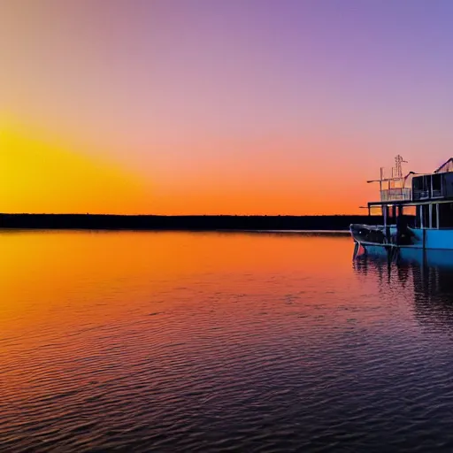 Prompt: a photo of a house boat on the water, sunset