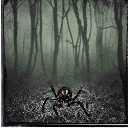 Image similar to horrific grotesque spider in the dark woods, high detailed realistic beksinski style photograph, shot on polaroid