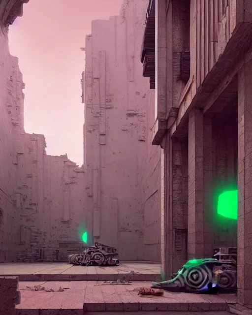 Image similar to hyperrealistic 3d render high quality baroque mecha iridescent pink brutalist city ruins background concept art vray! santiago caruso de chirico sharp very dramatic green light 8k low angle shallow depth of field