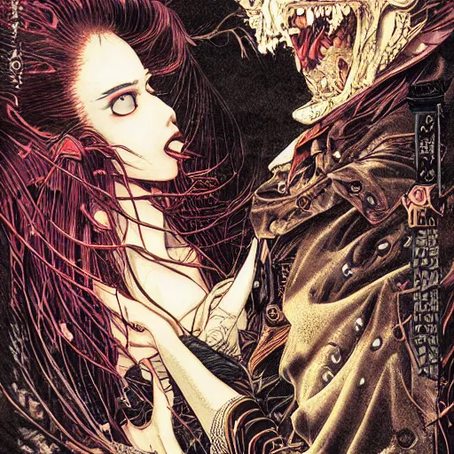 Image similar to closeup of vampire kiss, by yoichi hatakenaka, masamune shirow, josan gonzales and dan mumford, ayami kojima, takato yamamoto, karol bak