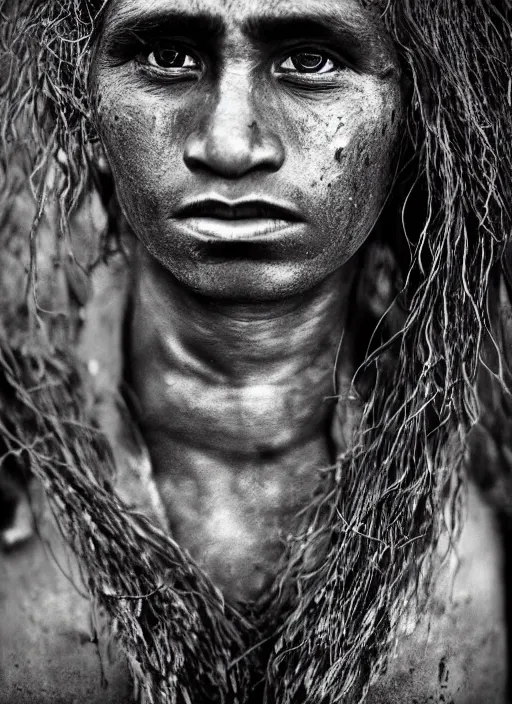 Image similar to Award winning Editorial photo of a Native Nauruans with incredible hair and beautiful hyper-detailed eyes wearing traditional garb by Lee Jeffries, 85mm ND 5, perfect lighting, gelatin silver process