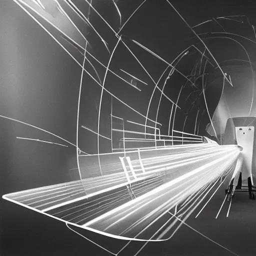 Image similar to filmstill of Marcel Duchamp working on a futuristic machine, long exposure, minimal packshot, archival pigment print