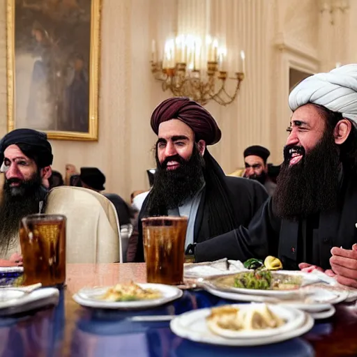 Image similar to 4 k hdr portrait wide angle photo of president joe biden as a taliban muslim leader with a beard laughing at a dinner table meeting surrounded by taliban terrorist leaders who are dancing with oil barrels in the background