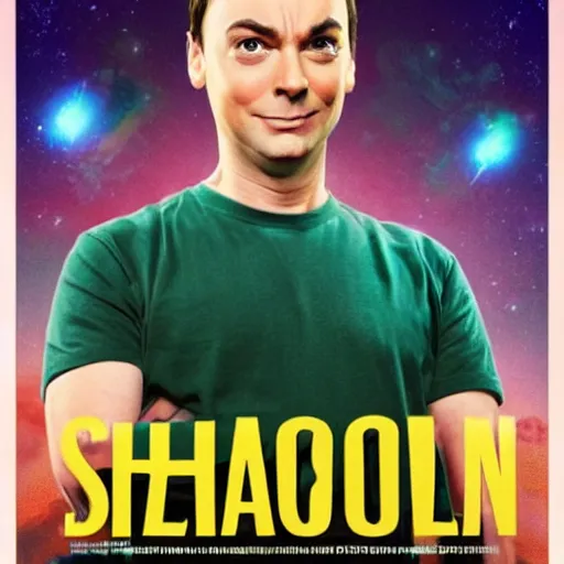 Image similar to movie poster of Sheldon from The Big Bang theory saying Bazinga while standing on a small island