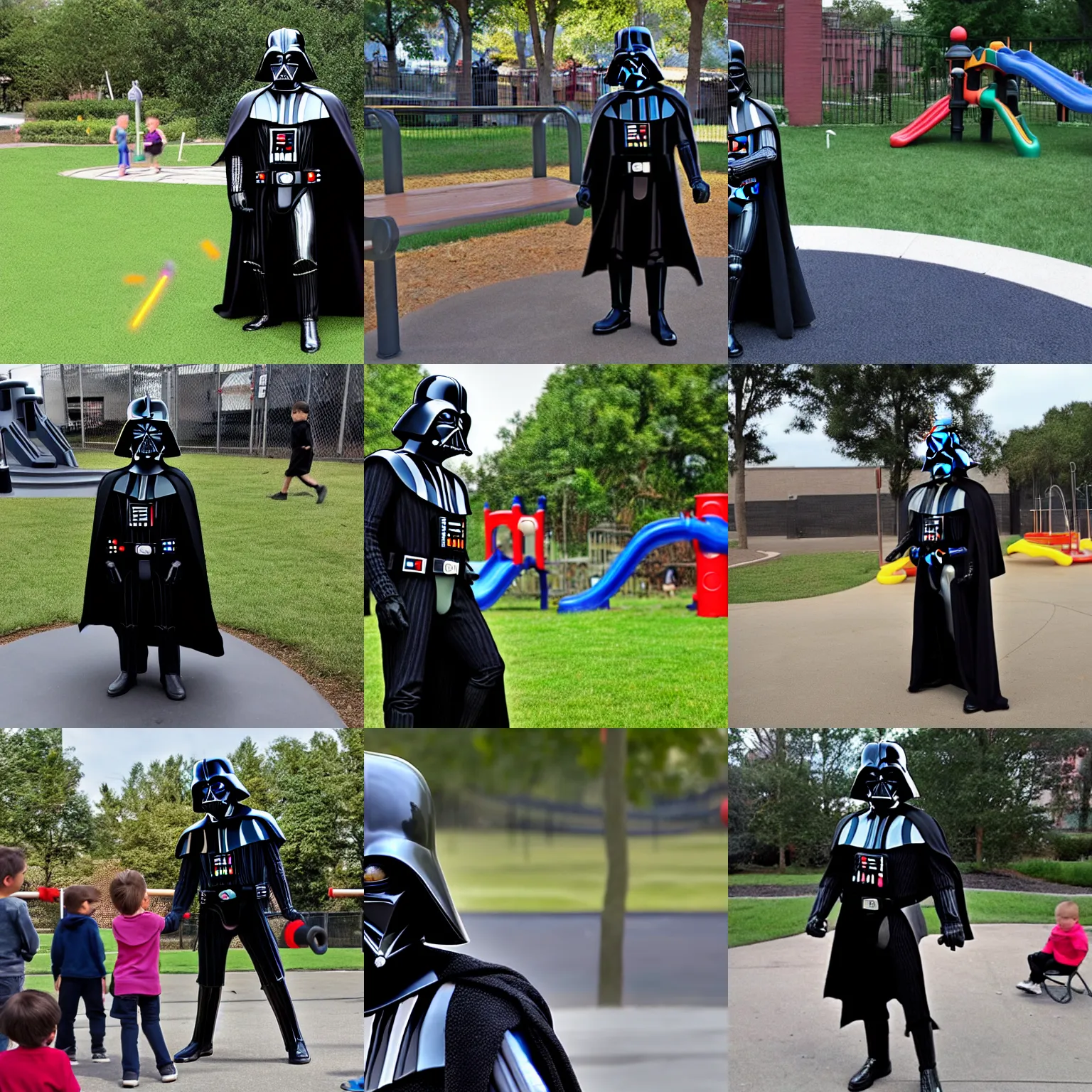 Prompt: Darth Vader at a playground looking for younglings