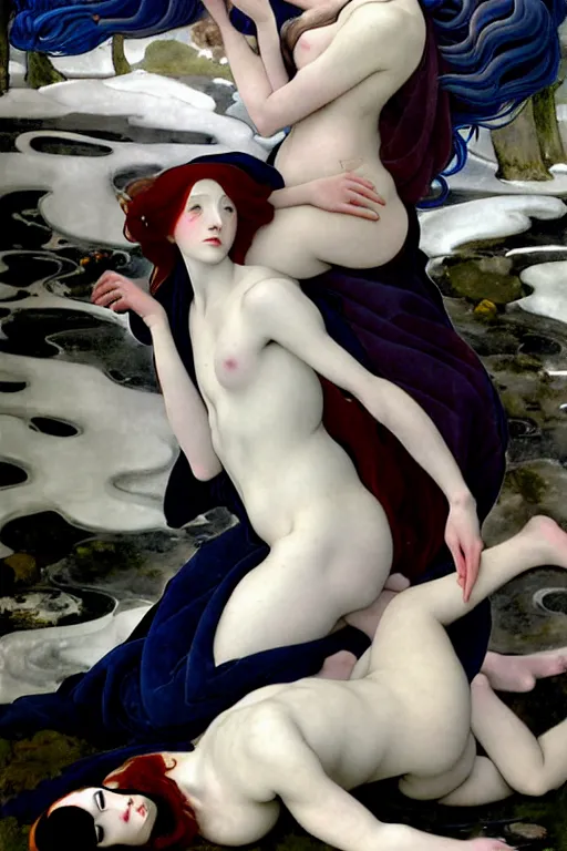 Image similar to 3 Winter Deities, (one representing each month of December, January, and February), in a mixed style of Æon Flux, Peter Chung, Botticelli, and John Singer Sargent, inspired by pre-raphaelite paintings, shoujo manga, and cool Japanese street fashion, they are downcast or asleep, dramatic moody cold landscape, dark and muted colors, hyper detailed, super fine inking lines, ethereal atmosphere, ghost afterimage, 4K extremely photorealistic, Arnold render