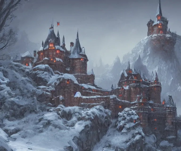 Image similar to a painting of a castle in the middle of a snowy mountain, a detailed matte painting by andreas rocha and greg rutkowski, featured on artstation, fantasy art, matte drawing, matte painting, artstation hq