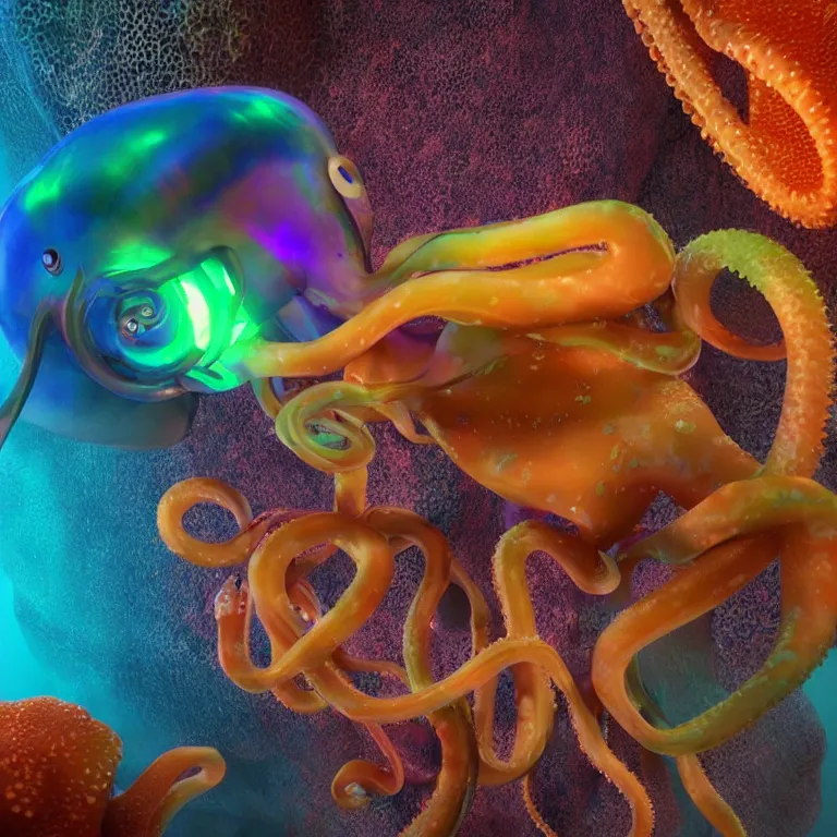 Prompt: octane render portrait by wayne barlow and carlo crivelli and glenn fabry, a shiny glowing colorful deep ocean mariana trench fish squid octopus jellyfish creature made out inflated clear iridescent plastic and bioluminescence, cinema 4 d, ray traced lighting, very short depth of field, bokeh