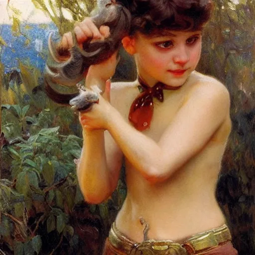 Prompt: a young girl fighting a primal predator, highly detailed painting by gaston bussiere and j. c. leyendecker 8 k