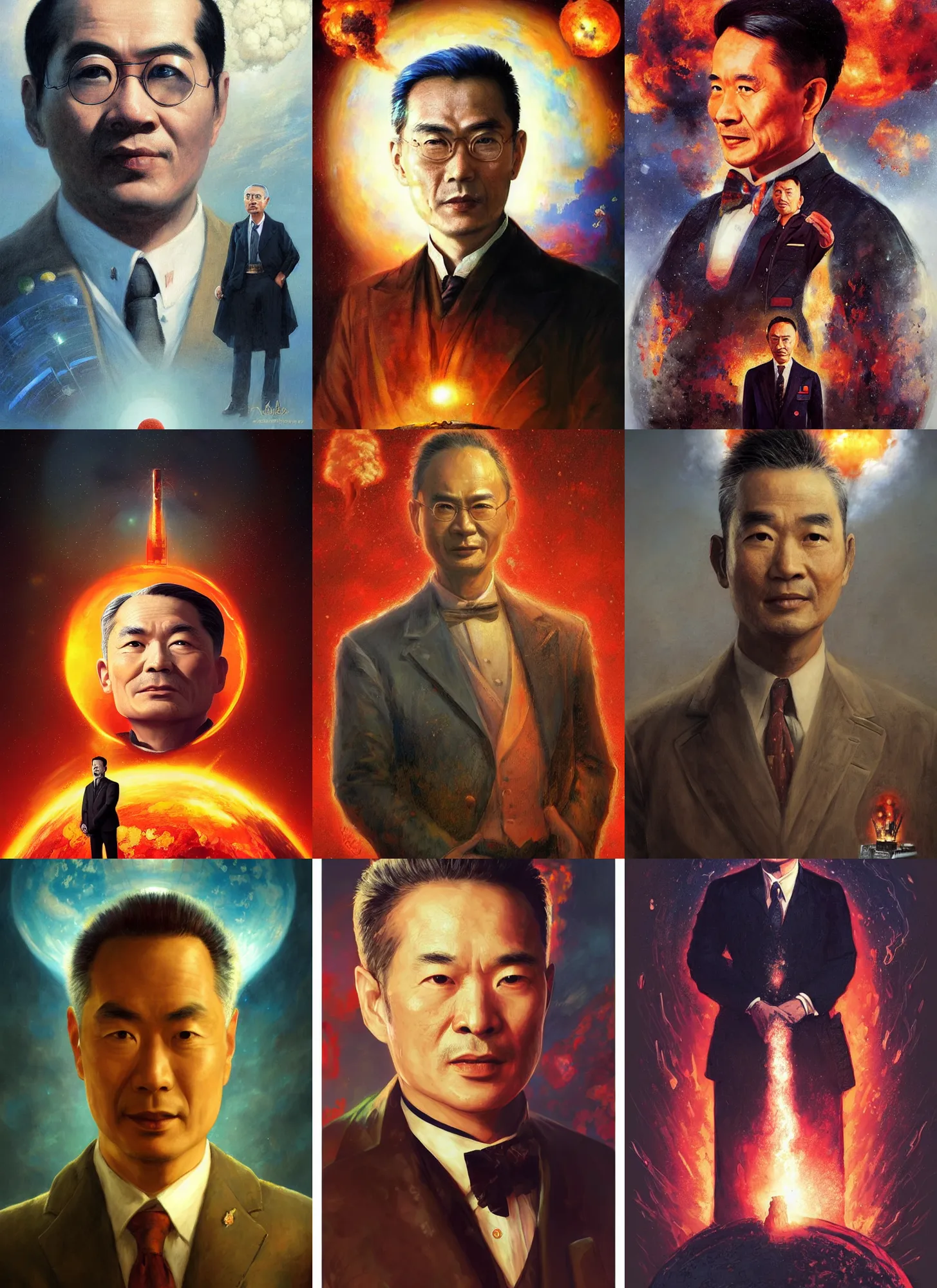 Prompt: formal portrait of jules pierre mao from the expanse as robert oppenheimer with nuclear mushroom cloud in background. digital art by eugene de blaas, ross tran, and nasreddine dinet, vibrant color scheme, intricately detailed, in the style of romanticism, cinematic, artstation, greg rutkowski