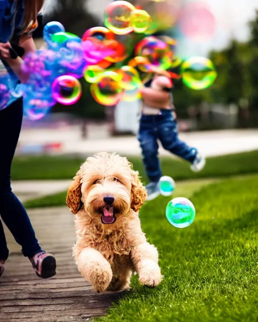 Prompt: stock photos of a golden doodle puppy chasing after a toddler who is blowing giant soap bubbles