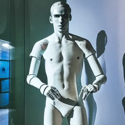 Image similar to “ a realistic detailed photo of a guy who is an attractive humanoid who is half robot and half humanoid, who is a male android, soccer player antoine griezmann, shiny skin, posing like a statue, blank stare, at the museum, on display ”