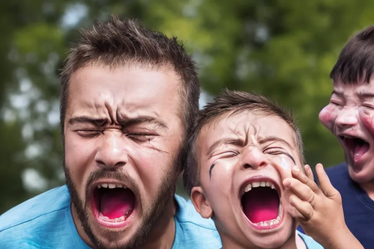 Image similar to photo of a guy screaming at a kid crying, 4k