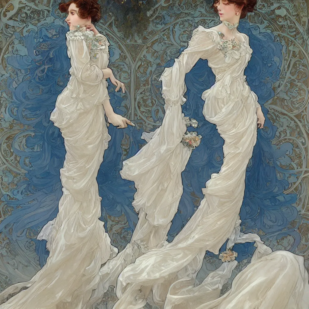 Image similar to lady dressed in a vaporous wrapped large victorian cream roses silk semi-transparent blue and cream dress fashion is running D&D, fantasy, intricate, elegant, highly detailed, digital painting, artstation, concept art, matte, sharp focus, illustration, art by and Alphonse Mucha