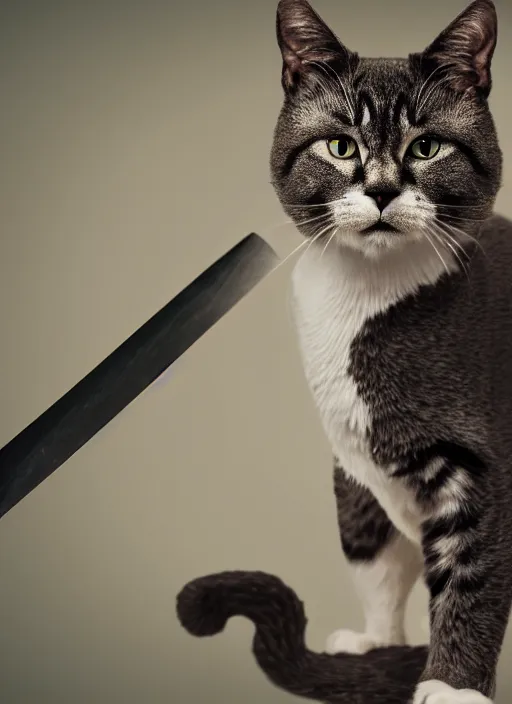 Image similar to film still of a bipedal cat with a black eyepatch over its right eye and a huge sword on its back, 4 k