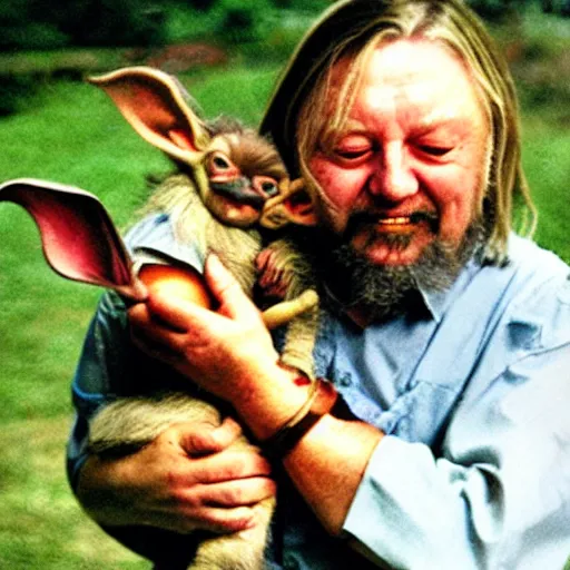 Image similar to robert wyatt cradling a goblin like a baby, photograph