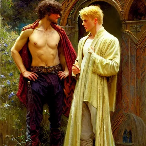 Image similar to attractive, arthur pendragon in love with attractive male, merlin the mage. highly detailed painting by gaston bussiere, craig mullins, j. c. leyendecker