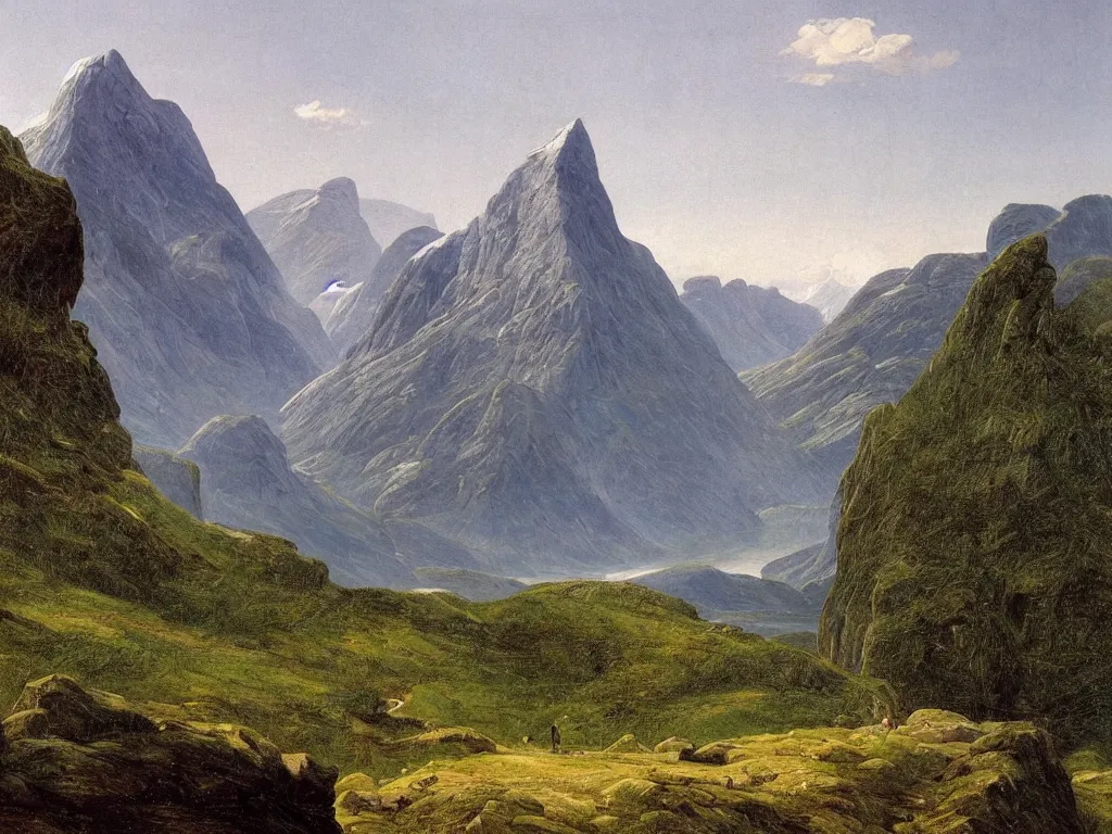 Image similar to a painting of a majestic mountainous landscape of norway in summer by caspar david friedrich, high detail,