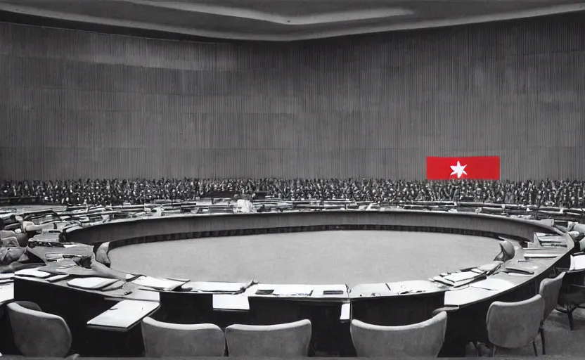 Prompt: 60s movie still of a giant stalinist style sovietic parlement with a giant USSR flag, by Irving Penn , cinestill 800t 35mm eastmancolor, heavy grainy picture, very detailed, high quality, 4k, HD criterion, precise texture, panoramic, cinematic