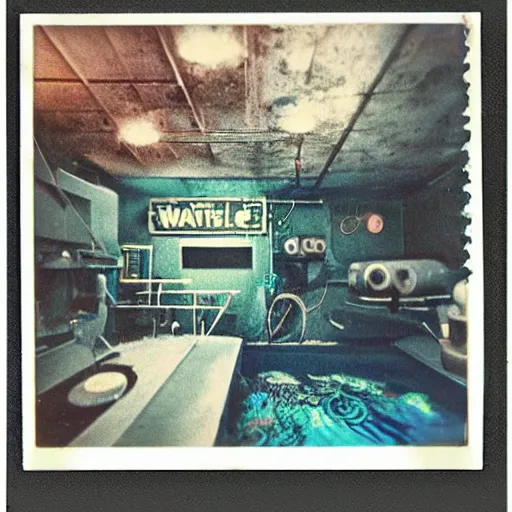 Image similar to under water deep sea laboratory, at night, lo fi, polaroid 6 0 0, 1 9 6 5 lightning, vintage science fiction, aquatic plants, colorful swirls of paint, movie set.