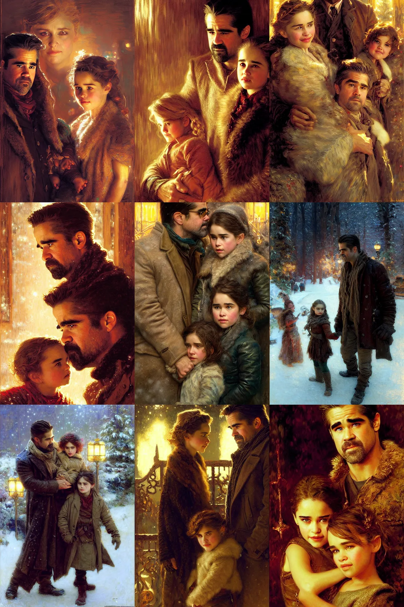 Prompt: winter, family, colin farrell with emilia clarke, with a kid, neon light, detailed faces, painting by gaston bussiere, craig mullins, j. c. leyendecker