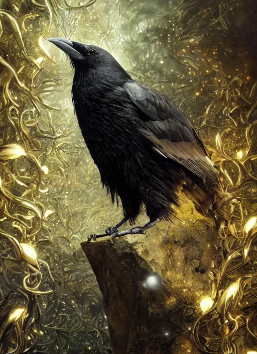 Image similar to best book cover design, glowing silver and golden elements, full close-up portrait of realistic crow with gems, book cover, green forest, white moon, establishing shot, extremly high detail, photo-realistic, cinematic lighting, by Yoshitaka Amano, Ruan Jia, Kentaro Miura, Artgerm, post processed, concept art, artstation, matte painting, style by eddie mendoza, raphael lacoste, alex ross