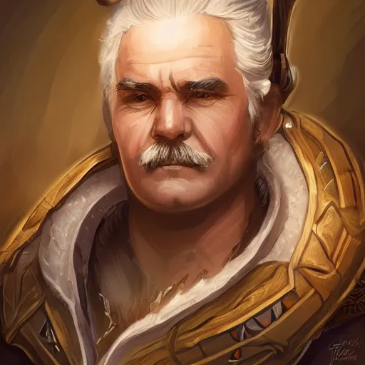 Image similar to Portrait of human bard named Lech Wałęsa, very beautiful, D&D, brown eyes, fantasy, intricate, elegant, highly detailed, digital painting, trending on artstation, concept art, smooth, sharp focus, RPG rulebook illustration, art by Tyler Jacobson