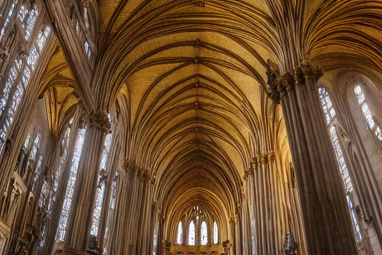 Prompt: symmetrical photo inside a cathedral, ornate highly detailed