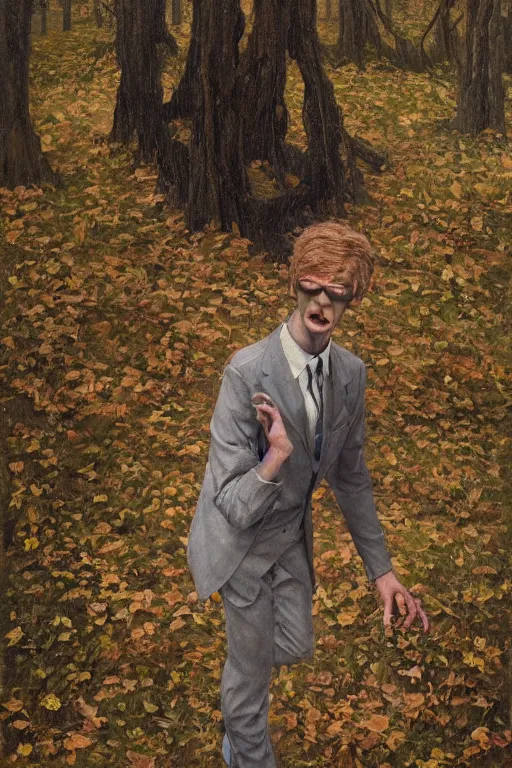 Image similar to close up portrait of slender - man wearing a suit, in a deserted playground in the woods, by frantisek kupka, intricate, miles johnston, kuroda seiki, cynical realism, ozabu, john william godward, painterly, yoshitaka amano, moebius, miles johnston, louise zhang, james jean, mark ryden