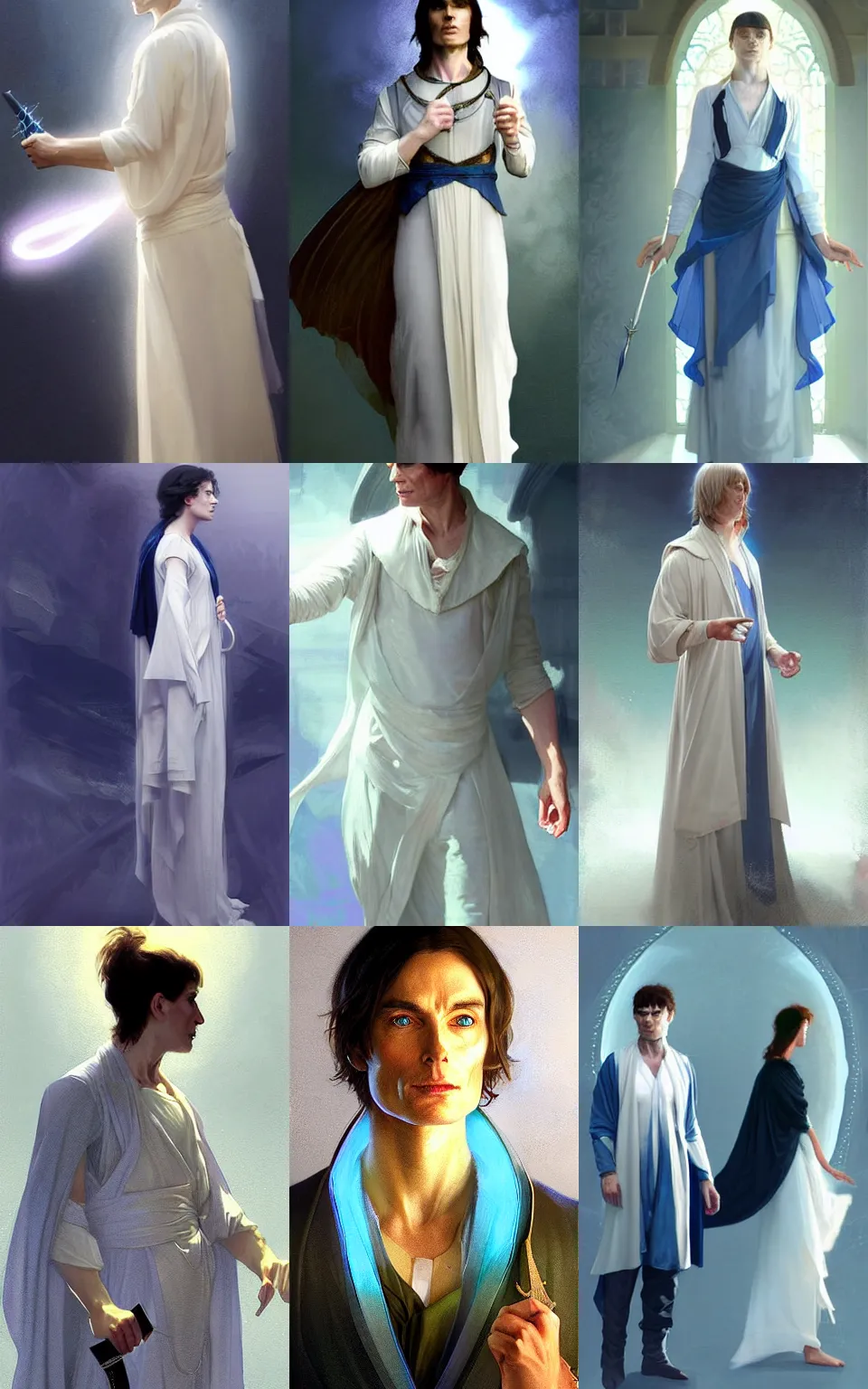 Prompt: character concept portrait of Cillian Murphy as a mage healer enchanting a light spell. Magic aura, white silk vests with blue details, elegant. digital painting, concept art, smooth, sharp focus, illustration, from Metal Gear, by Ruan Jia and Mandy Jurgens and William-Adolphe Bouguereau, Artgerm